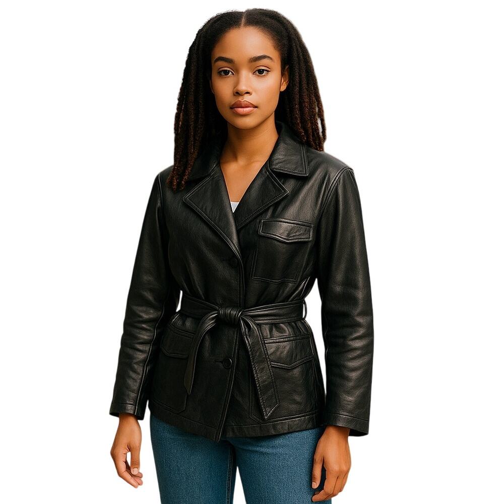 Vintage Tannery West Womens Black Leather Jacket Belted Moto Style Size Medium